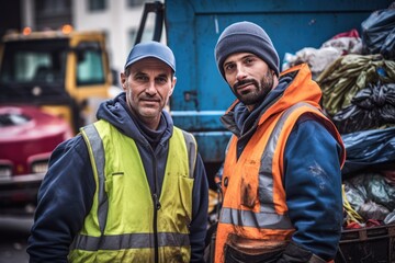 Two refuse collection workers loading garbage into waste truck emptying containers.Generated with AI.