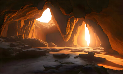 ancient mountain cave ,light shines through