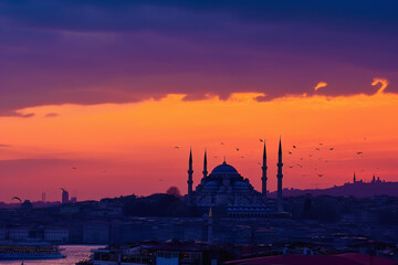 Skyline of Istanbul in silhouette at the sunset with Blue Mosque and Hagia Sophia Istanbul Turkey