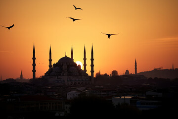 Skyline of Istanbul in silhouette at the sunset with Blue Mosque and Hagia Sophia Istanbul Turkey