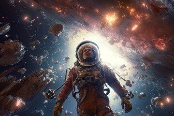 Man astronaut in a spacesuit on the surface of the planet in outer space. Ai Generative AI