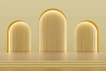 Golden color arches and curtains luxury elegant theater stage display platform product cosmetics beauty product or skincare female advertisement podium premium hi-end fashion show. 3D Illustration.