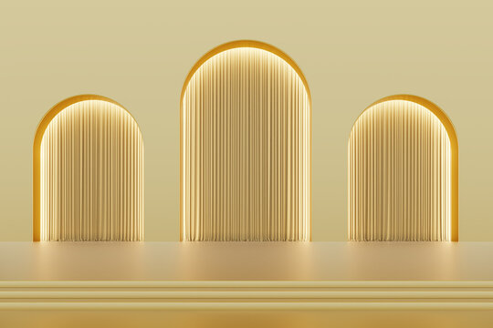 Golden color arches and curtains luxury elegant theater stage display platform product cosmetics beauty product or skincare female advertisement podium premium hi-end fashion show. 3D Illustration.