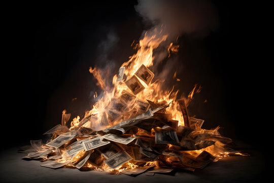 a pile of money on fire with burning - generative ai