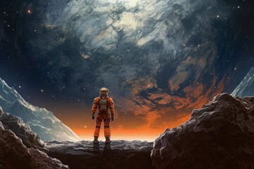 Obraz premium Man astronaut in a spacesuit on the surface of the planet in outer space. Ai Generative AI