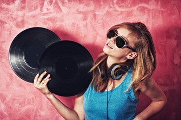 DJ woman, mixer and sunglasses with vinyl records, vision and thinking for career at club, studio...