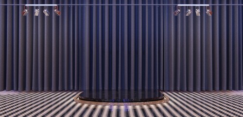 Stage  show room theater with curtains and spotlights The stage was raised with stage lights template for trade show cinema scene theater background 3d illustration
