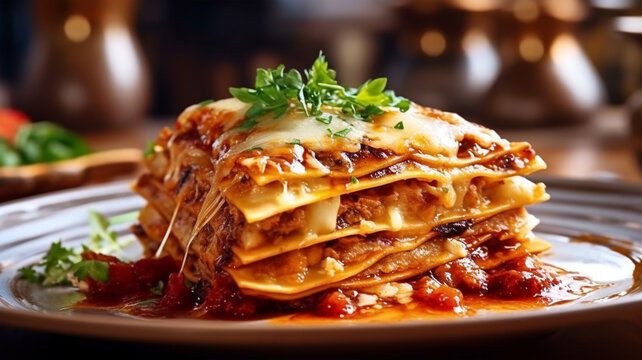Just cooked beef lasagna with cheese, onions and parsley on a plate at a restaurant