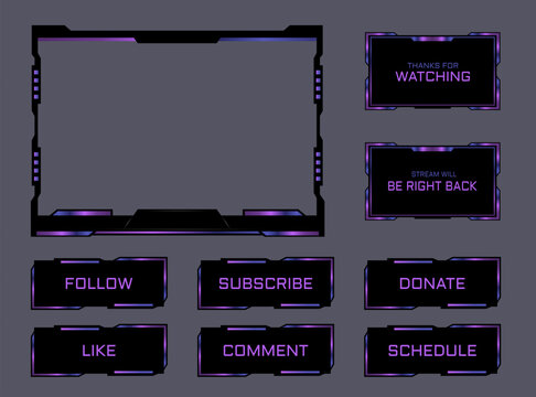 cool game live stream panels bundel,overlay frames and buttons with purple blue neon glow. vector ai for webcam,
