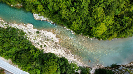 Drone shot of clear water of Tara river canyon rapids taken in summer
