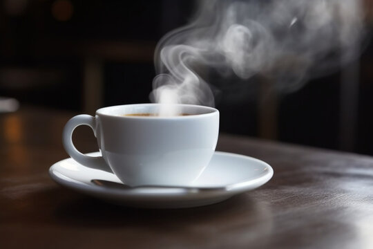 Steam rising from a white cup of hot coffee with a spoon on a saucer over a wooden table in the cafe, Close-up of a refreshing hot cup of a coffee at a cafe,