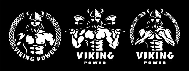 Set of logos with viking warrior on a dark background. Vector illustration.