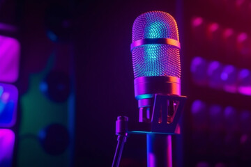 Fototapeta na wymiar Studio microphone in neon lights, sound recording equipment