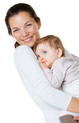 Portrait, love and mother with baby in a studio hug, care and embracing against a white background. Face, smile and parent with little boy hugging, happy and enjoy bond, relationship and motherhood