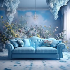 beautiful light blue designer sofa in a beautiful fantastic magical surreal space