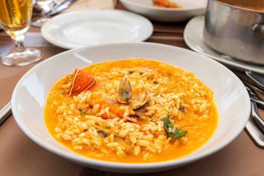 Rice dish with seafood in a restaurant,close-up.