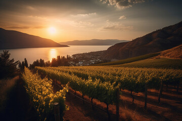 Sunset at Okanagan Lake near Penticton with a vineyard in the foreground - obrazy, fototapety, plakaty