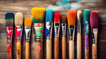 Fototapeta premium Vibrant Creativity Closeup of Artist Paintbrushes on an Artistic Wooden Background with Colorful Paints. created with Generative AI
