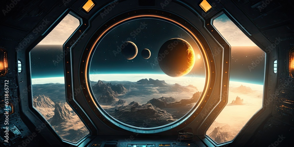 Poster spaceship dark interior with view on distant planets solar system. generative ai aig15.
