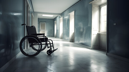 Fototapeta na wymiar Empty wheelchairs at the hospital - generative ai