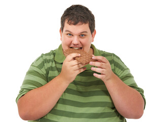 Obesity, eating chocolate and portrait of man with smile, unhealthy diet and isolated on white background. Nutrition, weight loss and food addiction, face of happy male model with candy in studio.