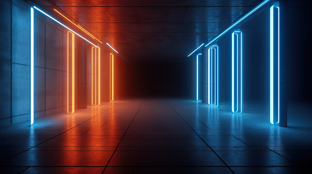 Cyber Retro Futuristic Neon Tunnel: Glowing Blue and Orange in Concrete Grunge. created with Generative AI