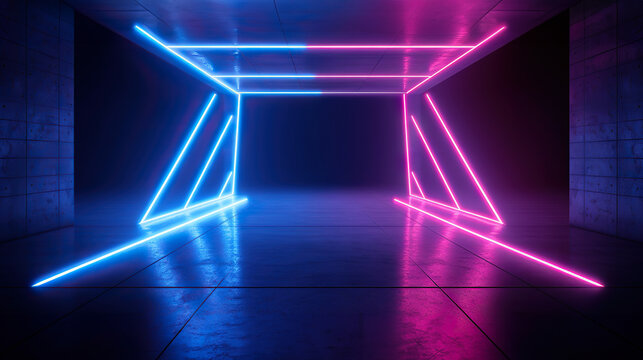 Cyber Retro Futuristic Neon Tunnel: Glowing Blue and Orange in Concrete Grunge. created with Generative AI