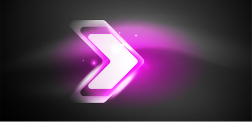 Neon speed arrow and line shapes background. Hi-tech concept with shiny backdrop. Bright flare light effect in the dark