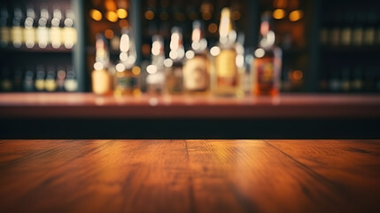 Blurred Bar Counter and Bottles Background on Empty Wooden Tabletop. created with Generative AI