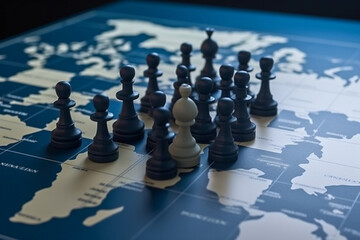 symbol of geopolitics in the world with chess pieces on world map - obrazy, fototapety, plakaty