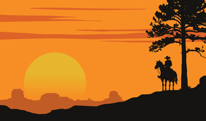 Cowboy riding horse silhouette at sunset, Vector