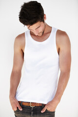 Thinking, casual style and man with white background in a studio with modern fashion. Isolated,...