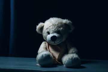 Teddy bear with torn eye sits in dark blue room