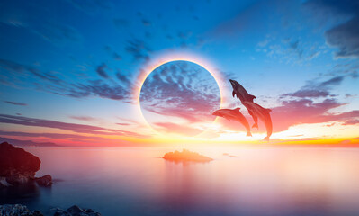 Silhoutte of beautiful dolphin jumping up from the sea at sunset with solar eclipse