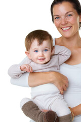 Portrait, hug and mother with baby in studio with love, smile and care against white background. Happy, face and woman embracing boy child, play and enjoy bond, relationship and parenthood together