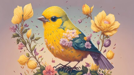 bird on a branch and flower image illustration, generative Ai art