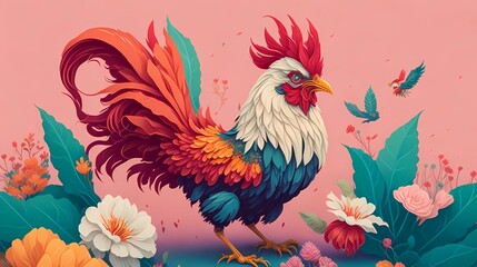 rooster image with flower vintage style illustration, generative Ai art