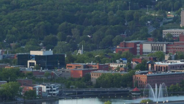sherbrooke city landscape in quebec, canada, downtown college panning view from mont bellevue