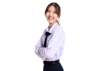 Happy Asian student girl in school uniform arm crossed isolated on transparent background, PNG file...