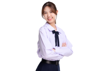 Happy Asian student girl in school uniform arm crossed isolated on transparent background, PNG file format.