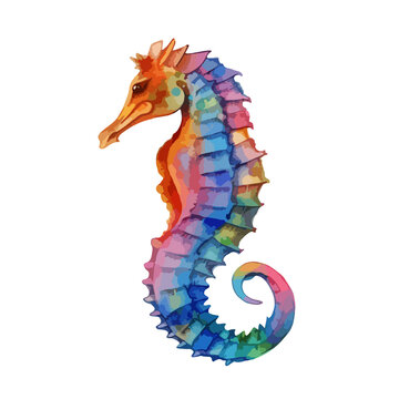 Watercolour seahorse,  illustration. This seahorse is painted in watercolour on an isolated background. For printing on print, logo, icon, books, t-shirts