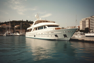 Fototapeta na wymiar Tied luxurious yacht in the harbour (bay)
