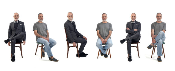 the same middle aged man seated in profile and frontal dressed in a suit and jeans and a t-shirt on...