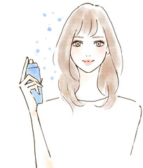 ミストタイプの化粧水をつける女性のイラスト