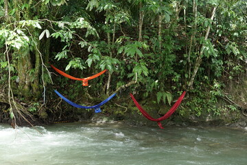 Landscape Photo A hammock hanging above a gently flowing river, surrounded by lush green trees. The perfect spot to relax and unwind amidst nature's tranquility