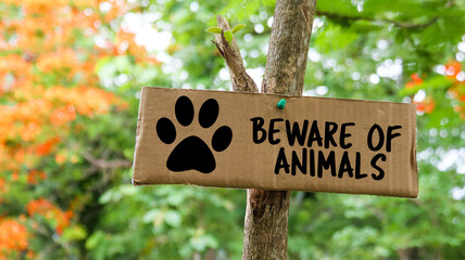 Brown paper label with drawing of dog footprint and the text beware of animals on tree trunk with blurred background                              