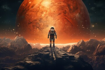 Fototapeta na wymiar Man astronaut in a spacesuit on the surface of the planet in outer space. Ai Generative AI