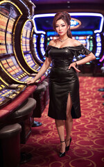 beautiful gambler asian woman in dress at luxury casino , generative AI