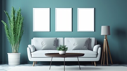 blue inspired luxury living room 3 large vertical blank wall white frames no image