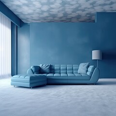 blue minimalist sofa and table with abajur isolated in studio realistic